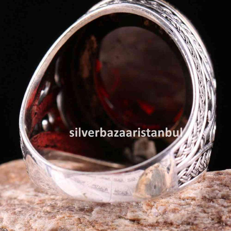 Turkish Handmade 925 Sterling Silver Red Ruby Stone Mens Ring silverbazaaristanbul 