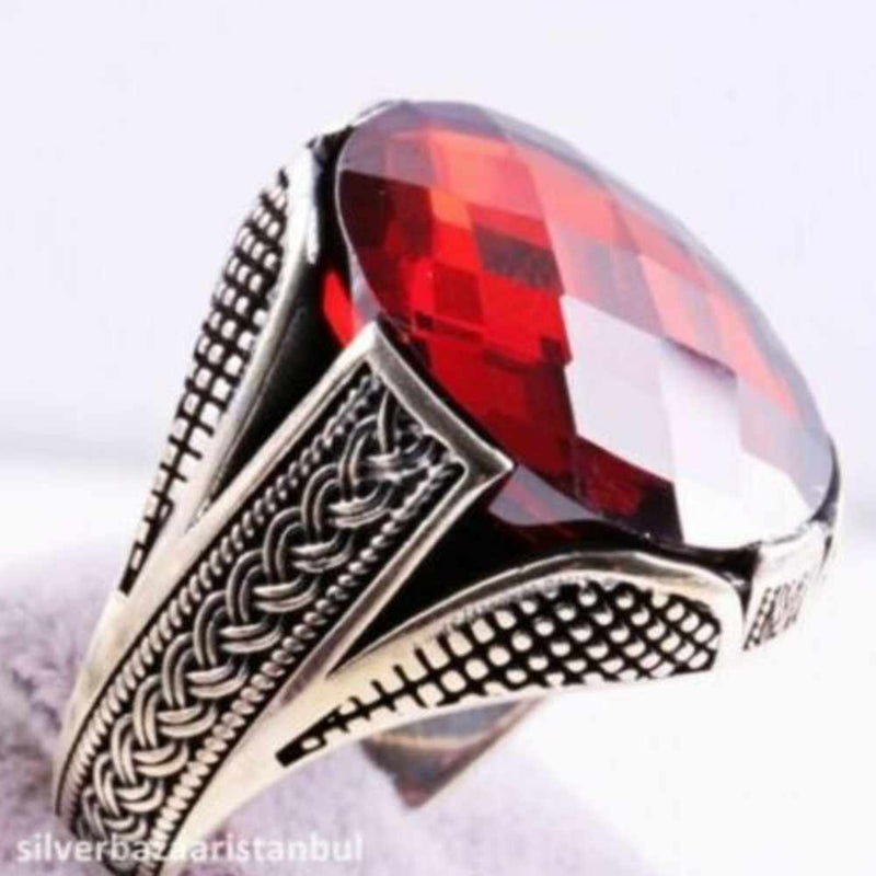 Turkish Handmade 925 Sterling Silver Red Ruby Stone Mens Ring silverbazaaristanbul 