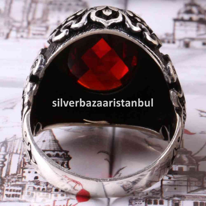 Turkish Handmade 925 Sterling Silver Red Ruby Stone Mens Ring silverbazaaristanbul 