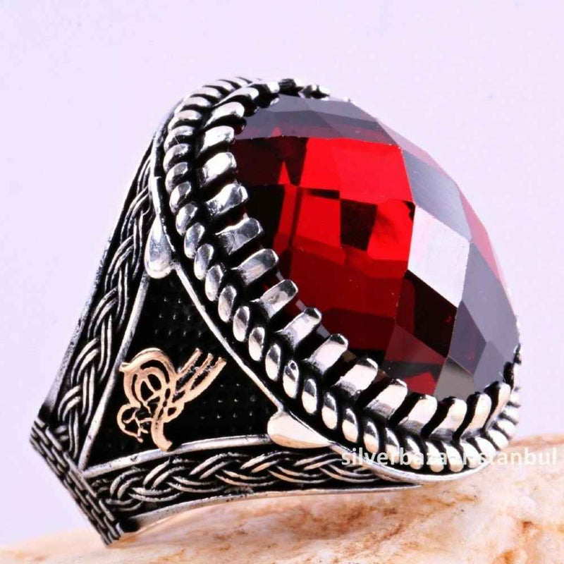 Turkish Handmade 925 Sterling Silver Red Ruby Stone Mens Ring silverbazaaristanbul 