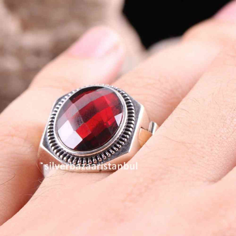 Turkish Handmade 925 Sterling Silver Red Ruby Stone Mens Ring silverbazaaristanbul 