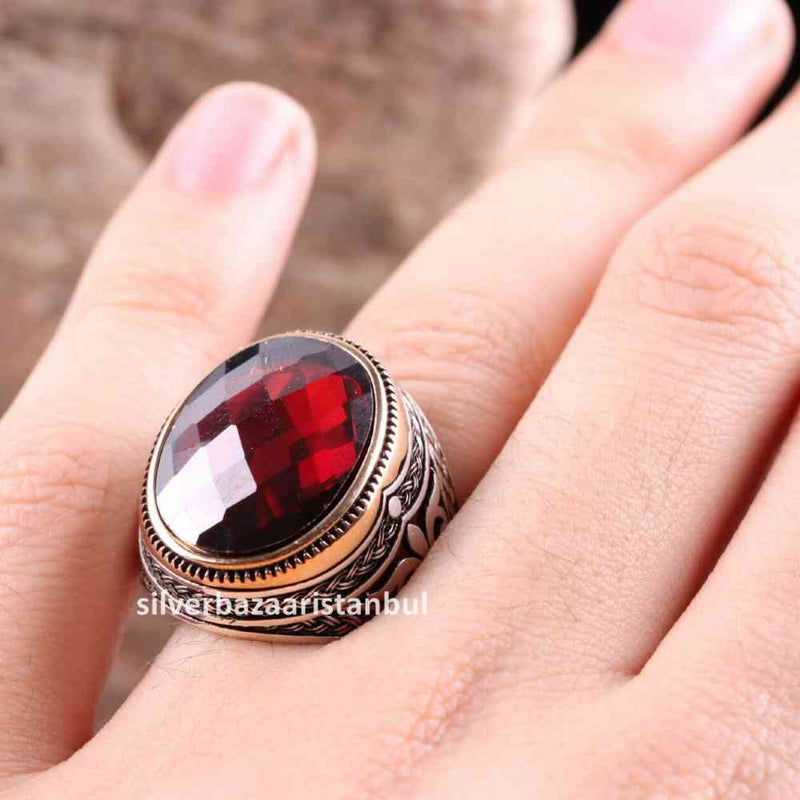 Turkish Handmade 925 Sterling Silver Red Ruby Stone Mens Ring silverbazaaristanbul 