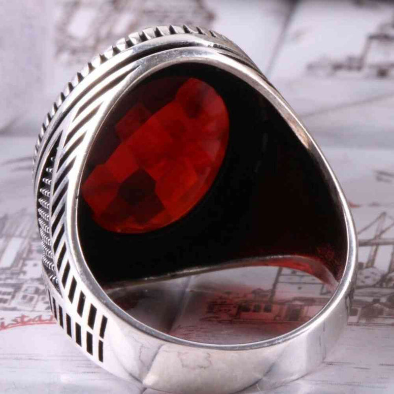 Turkish Handmade 925 Sterling Silver Red Ruby Stone Mens Ring silverbazaaristanbul 