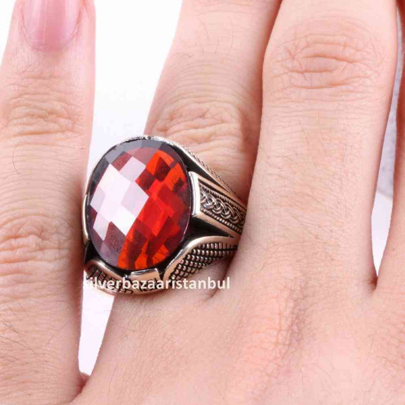 Turkish Handmade 925 Sterling Silver Red Ruby Stone Mens Ring silverbazaaristanbul 