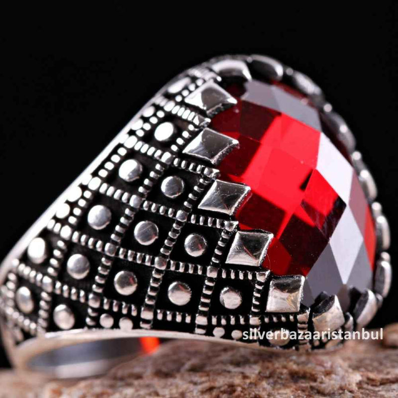Turkish Handmade 925 Sterling Silver Red Ruby Stone Mens Ring silverbazaaristanbul 