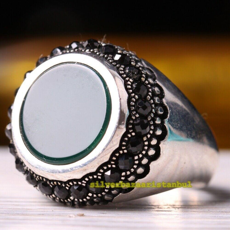 Turkish Handmade 925 Sterling Silver Round Emerald Mens Ring silverbazaaristanbul 
