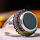 Turkish Handmade 925 Sterling Silver Round Emerald Mens Ring silverbazaaristanbul 