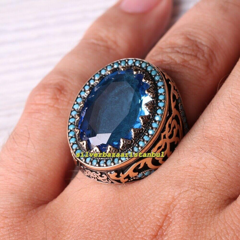 Turkish Jewelry 925 Sterling Heavy Big Aquamarine Stone Mens Ring silverbazaaristanbul 