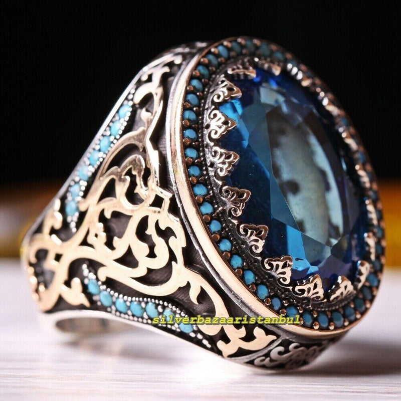 Turkish Jewelry 925 Sterling Heavy Big Aquamarine Stone Mens Ring silverbazaaristanbul 