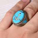 Turkish Jewelry 925 Sterling Silver Anchor Style Turquoise Mens Ring silverbazaaristanbul 