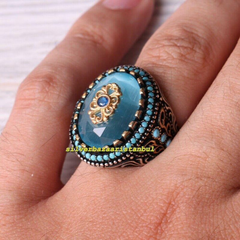 Turkish Jewelry 925 Sterling Silver Aquamarine Stone Mens Ring silverbazaaristanbul 