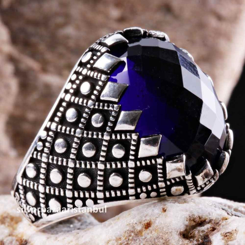 Turkish jewelry 925 Sterling Silver Blue Sapphire Stone Mens Ring silverbazaaristanbul 