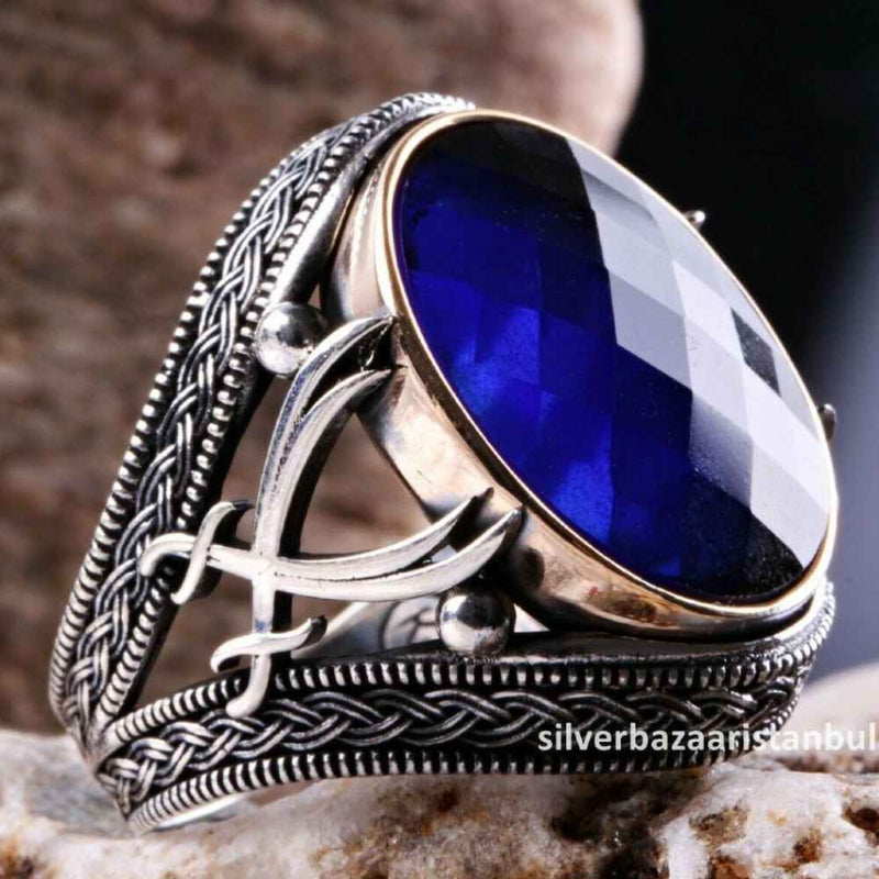 Turkish Jewelry 925 Sterling Silver Blue Sapphire Stone Mens Ring silverbazaaristanbul 