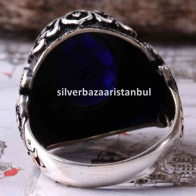Turkish Jewelry 925 Sterling Silver Blue Sapphire Stone Mens Ring silverbazaaristanbul 