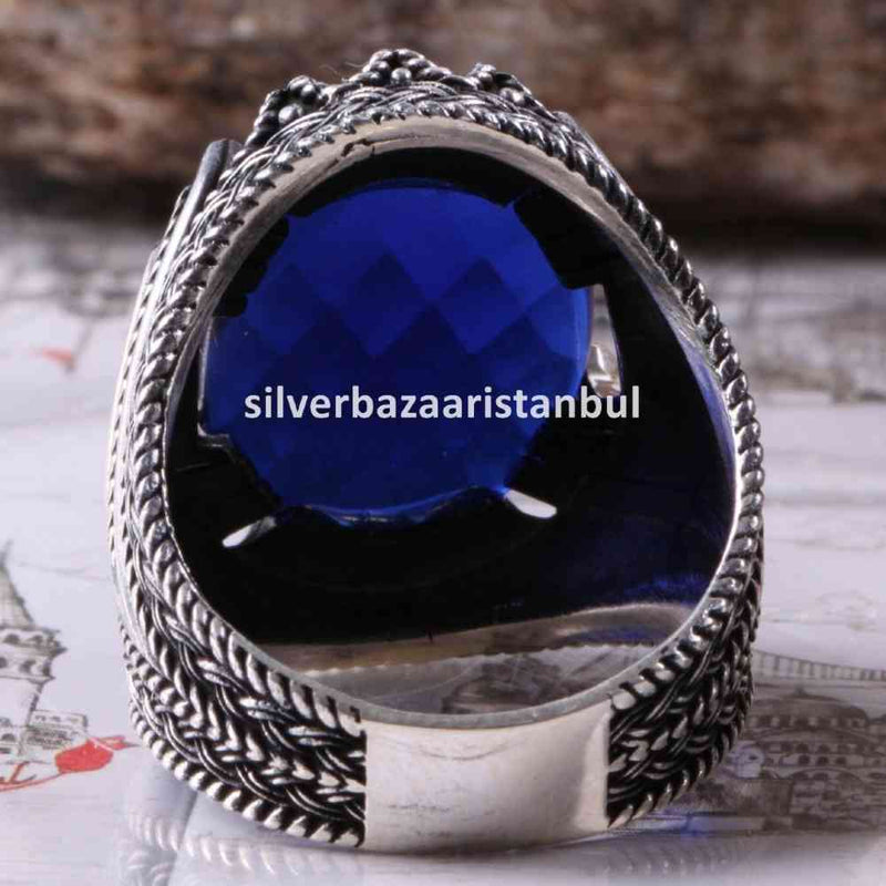 Turkish Jewelry 925 Sterling Silver Blue Sapphire Stone Mens Ring silverbazaaristanbul 
