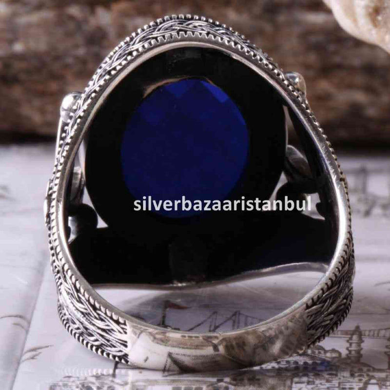 Turkish Jewelry 925 Sterling Silver Blue Sapphire Stone Mens Ring silverbazaaristanbul 