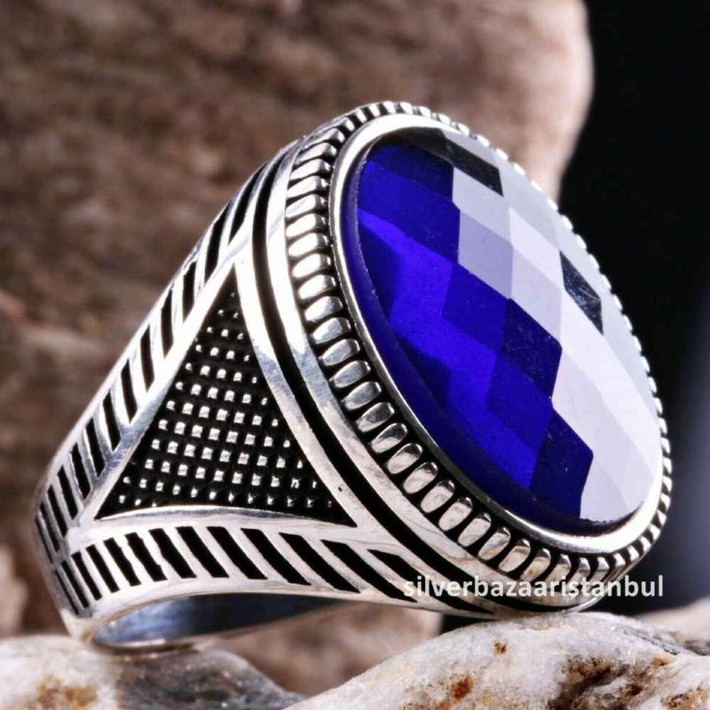 Turkish Jewelry 925 Sterling Silver Blue Sapphire Stone Mens Ring silverbazaaristanbul 