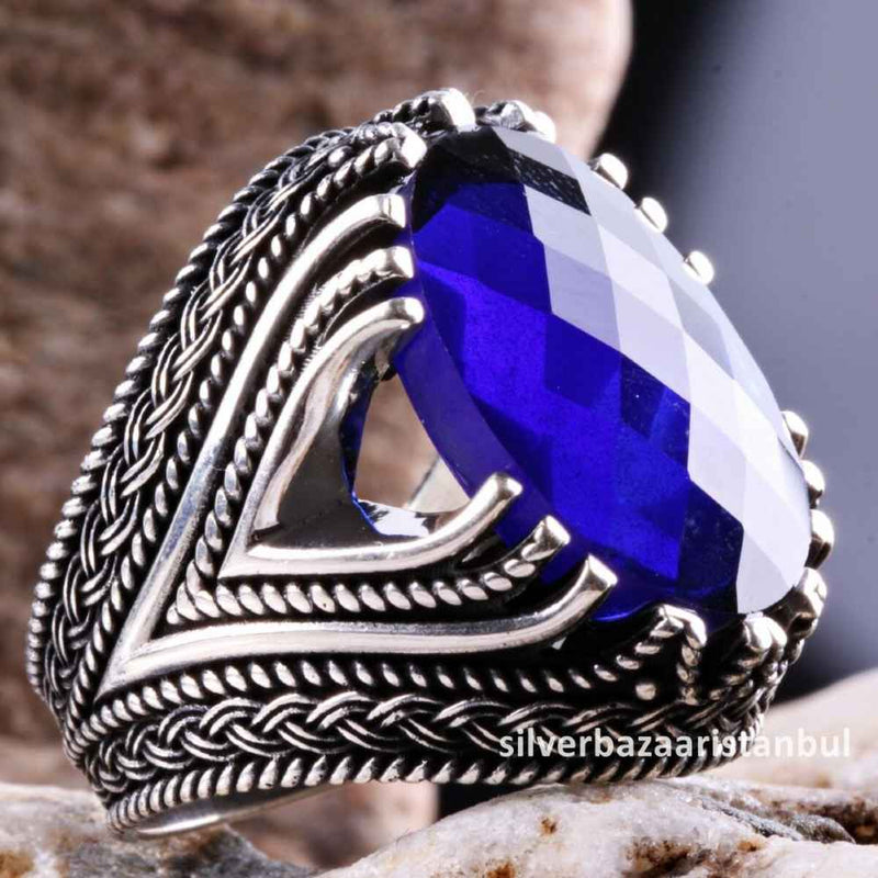 Turkish Jewelry 925 Sterling Silver Blue Sapphire Stone Mens Ring silverbazaaristanbul 