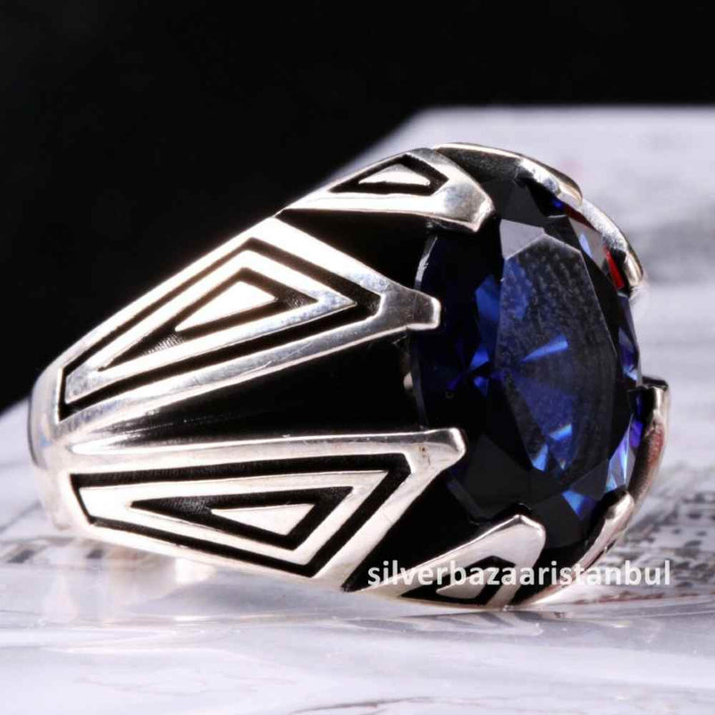 Turkish jewelry 925 Sterling Silver Blue Sapphire Stone Mens Ring silverbazaaristanbul 