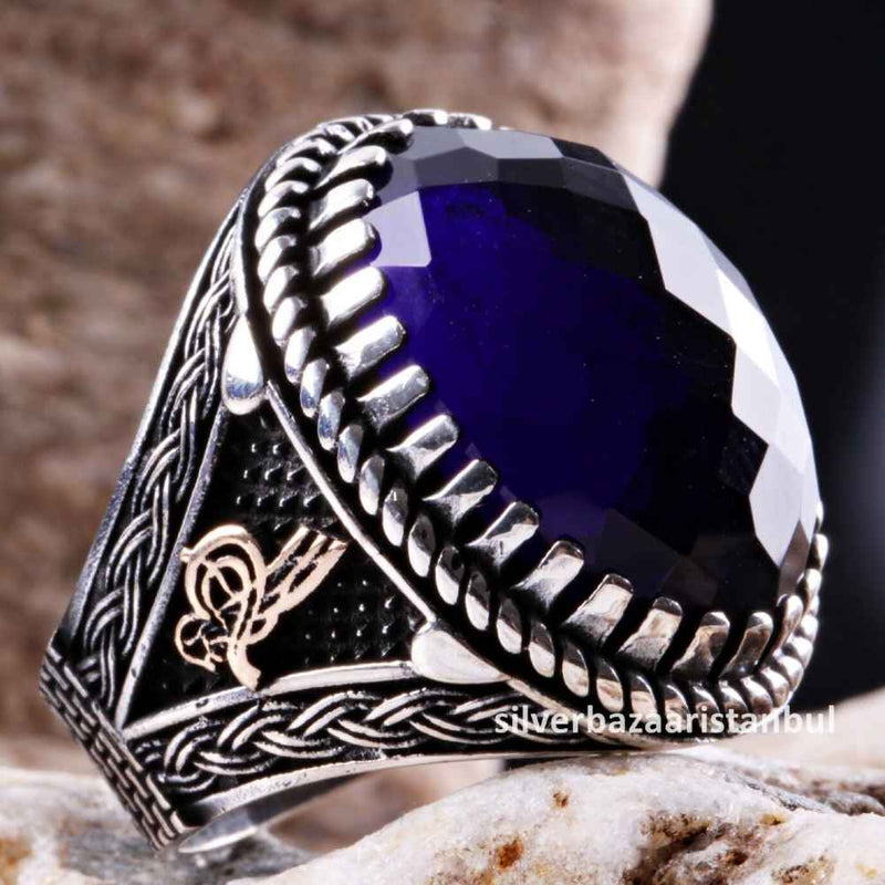 Turkish Jewelry 925 Sterling Silver Blue Sapphire Stone Mens Ring silverbazaaristanbul 