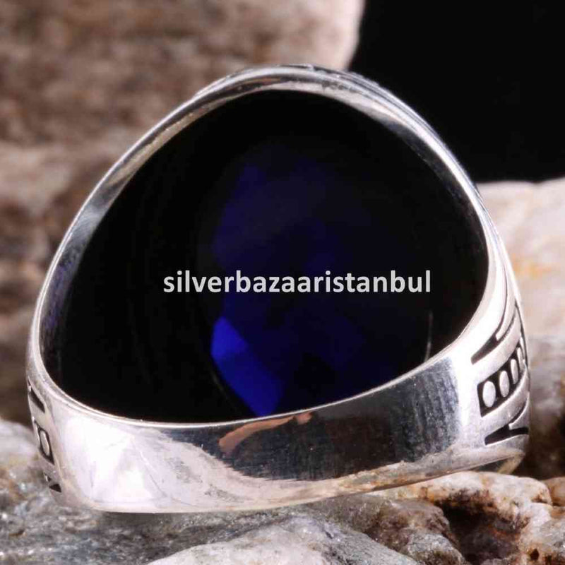 Turkish Jewelry 925 Sterling Silver Blue Sapphire Stone Mens Ring silverbazaaristanbul 