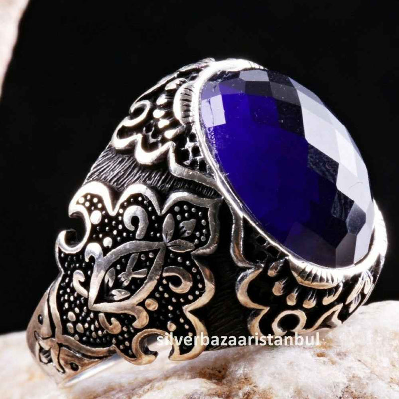Turkish Jewelry 925 Sterling Silver Blue Sapphire Stone Mens Ring silverbazaaristanbul 