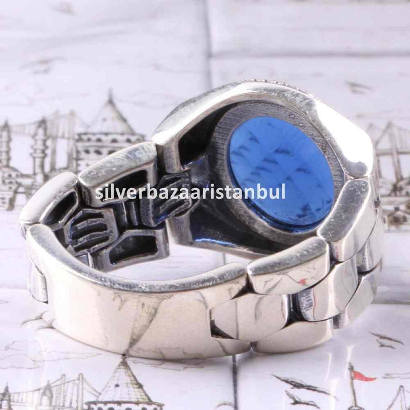 Turkish Jewelry 925 Sterling Silver Clock Sapphire Stone Mens Ring silverbazaaristanbul 