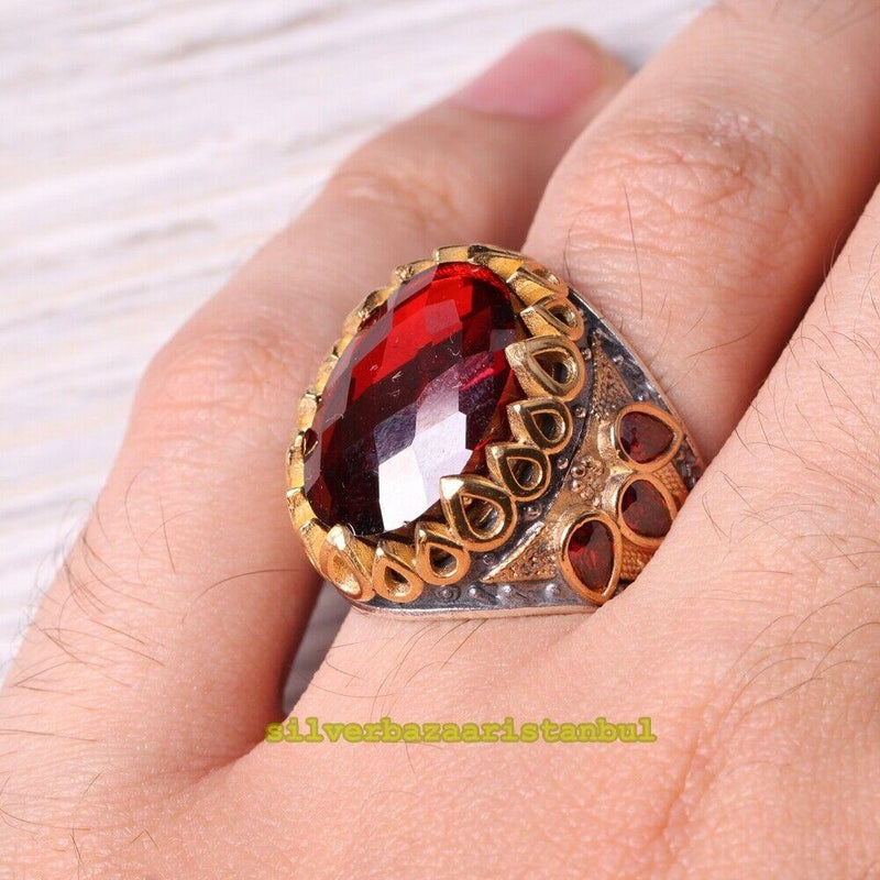 Turkish Jewelry 925 Sterling Silver Faceted Ruby Stone Mens Ring silverbazaaristanbul 