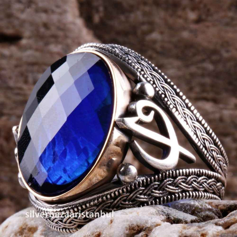 Turkish Jewelry 925 Sterling Silver İslamic VAV Sapphire Stone Men Ring silverbazaaristanbul 