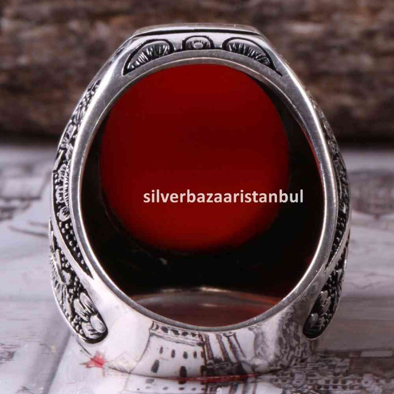 Turkish Jewelry 925 Sterling Silver Red Agate Aqeeq Mens Man Ring silverbazaaristanbul 