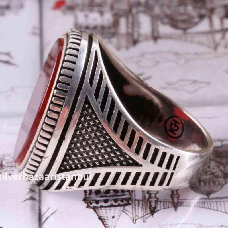 Turkish Jewelry 925 Sterling Silver Red Agate Aqeeq Mens Man Ring silverbazaaristanbul 