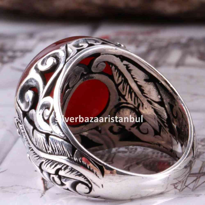 Turkish Jewelry 925 Sterling Silver Red Agate Aqeeq Mens Man Ring silverbazaaristanbul 