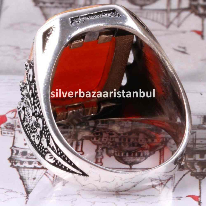 Turkish Jewelry 925 Sterling Silver Red Agate Aqeeq Mens Man Ring silverbazaaristanbul 
