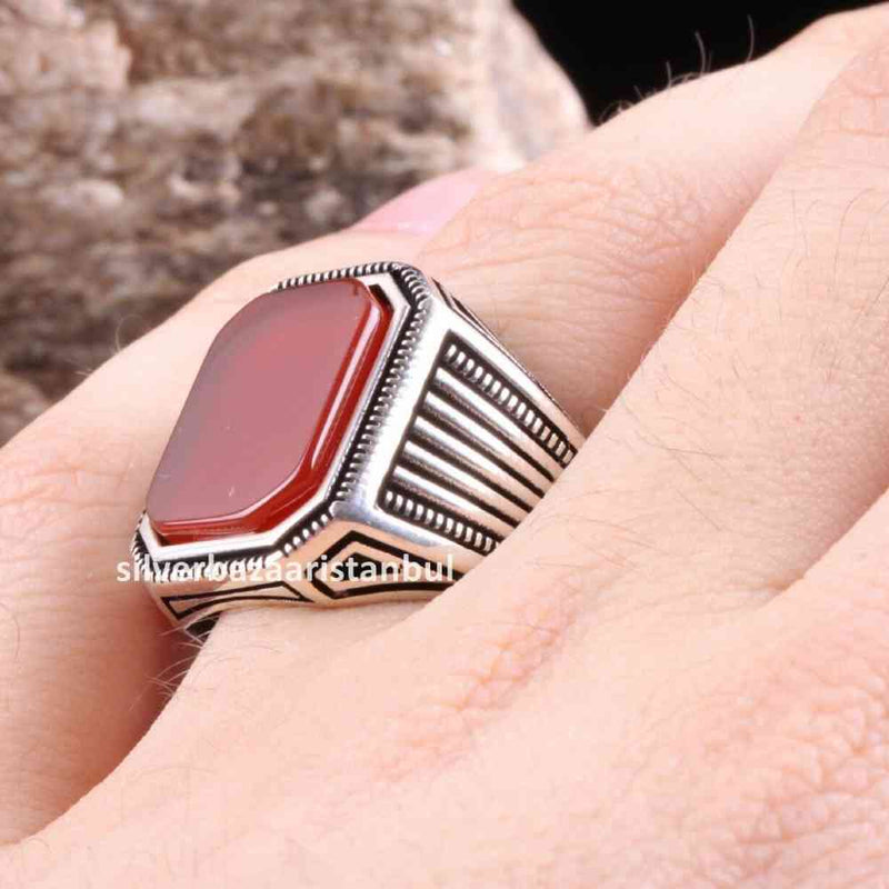 Turkish Jewelry 925 Sterling Silver Red Agate Aqeeq Mens Man Ring silverbazaaristanbul 