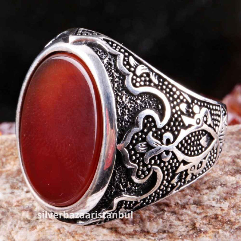 Turkish Jewelry 925 Sterling Silver Red Agate Aqeeq Mens Man Ring silverbazaaristanbul 