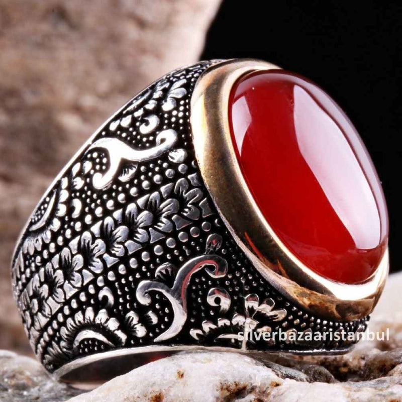 Turkish Jewelry 925 Sterling Silver Red Agate Aqeeq Mens Man Ring silverbazaaristanbul 