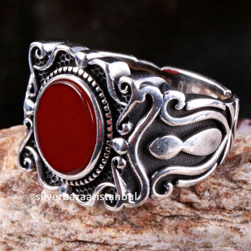 Turkish Jewelry 925 Sterling Silver Red Agate Aqeeq Mens Man Ring silverbazaaristanbul 