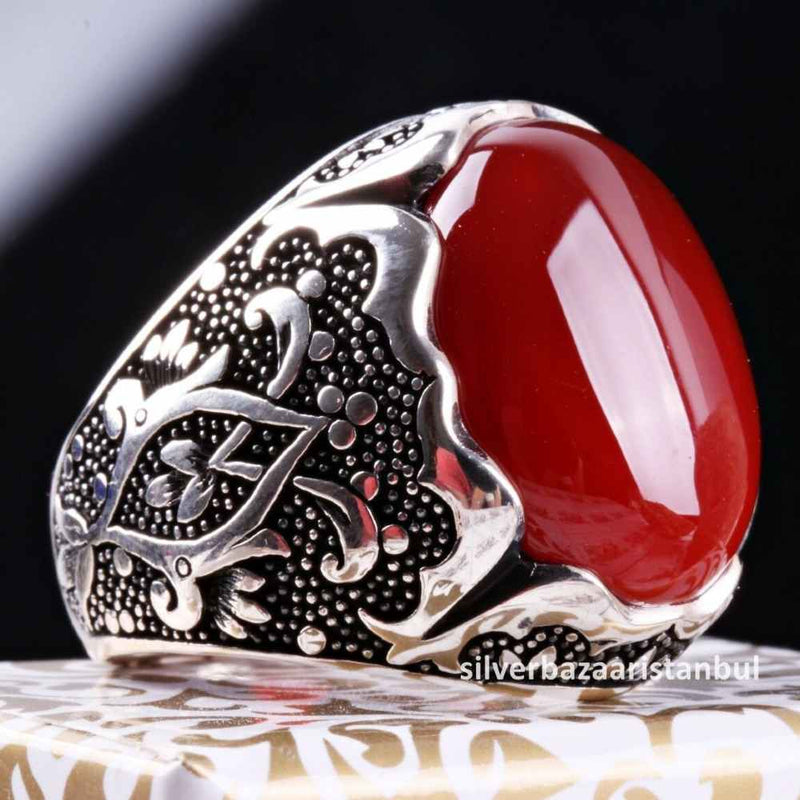 Turkish Jewelry 925 Sterling Silver Red Agate Aqeeq Mens Man Ring silverbazaaristanbul 