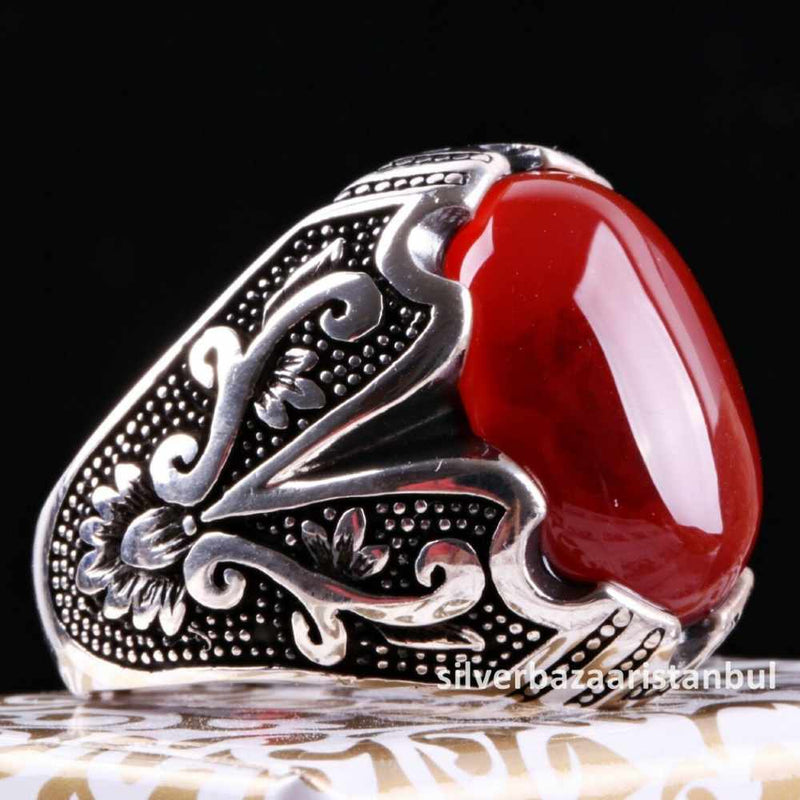 Turkish Jewelry 925 Sterling Silver Red Agate Aqeeq Mens Man Ring silverbazaaristanbul 