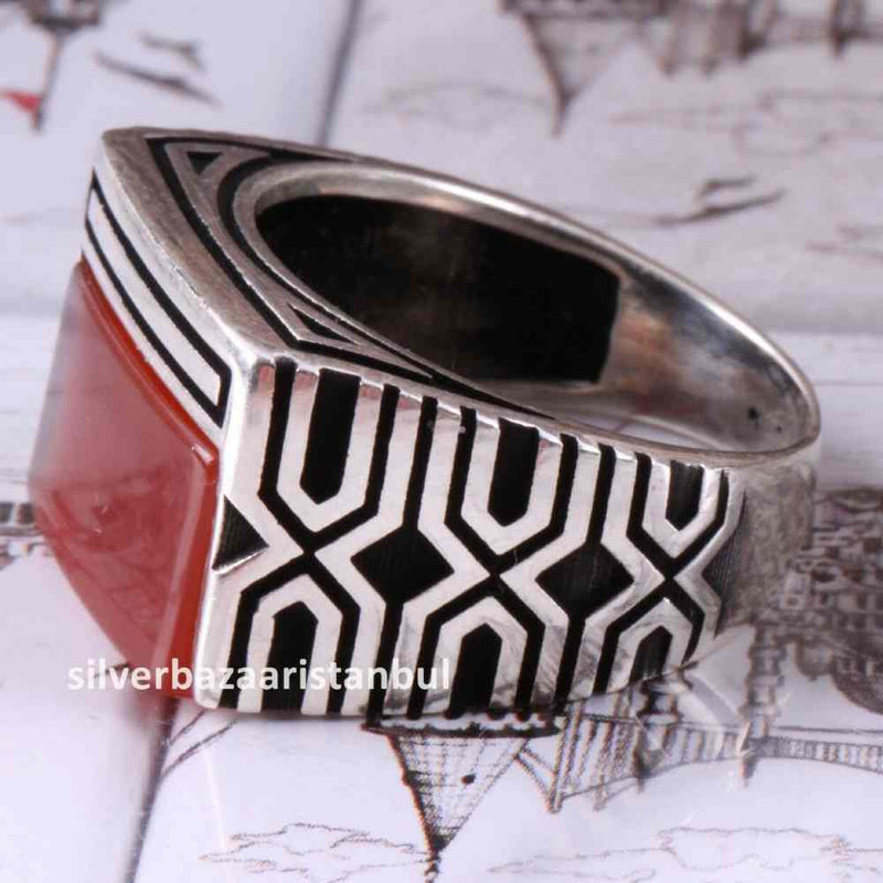 Turkish Jewelry 925 Sterling Silver Red Agate Aqeeq Mens Man Ring silverbazaaristanbul 