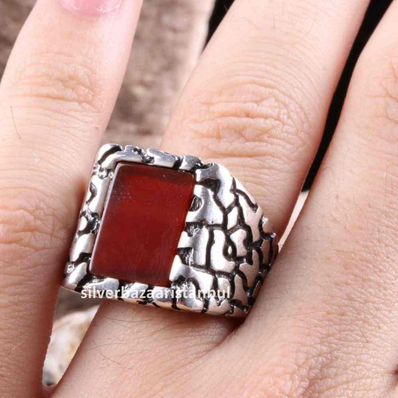 Turkish Jewelry 925 Sterling Silver Red Agate Aqeeq Mens Man Ring silverbazaaristanbul 