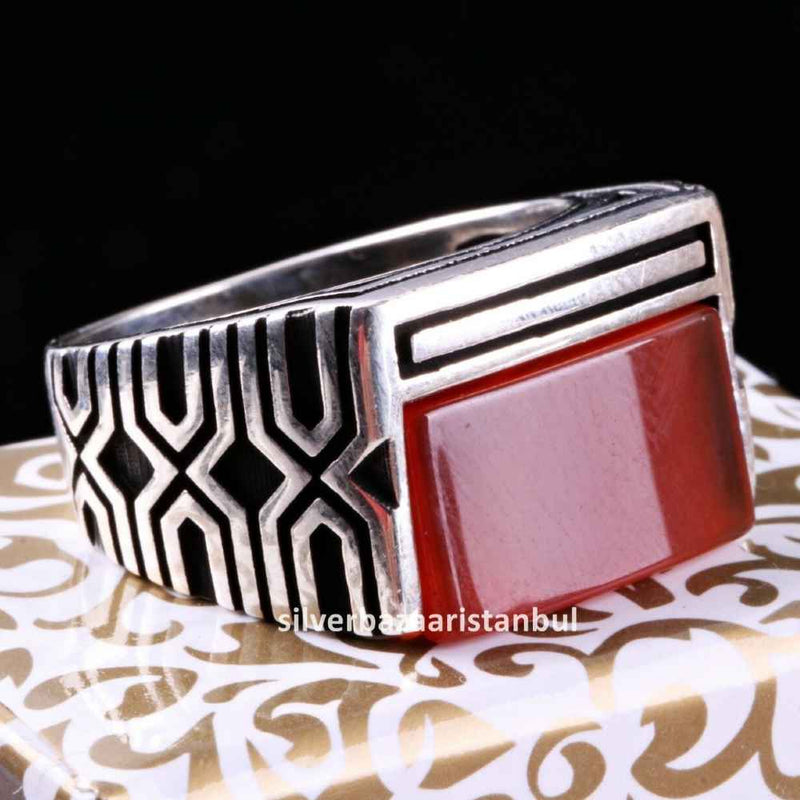 Turkish Jewelry 925 Sterling Silver Red Agate Aqeeq Mens Man Ring silverbazaaristanbul 
