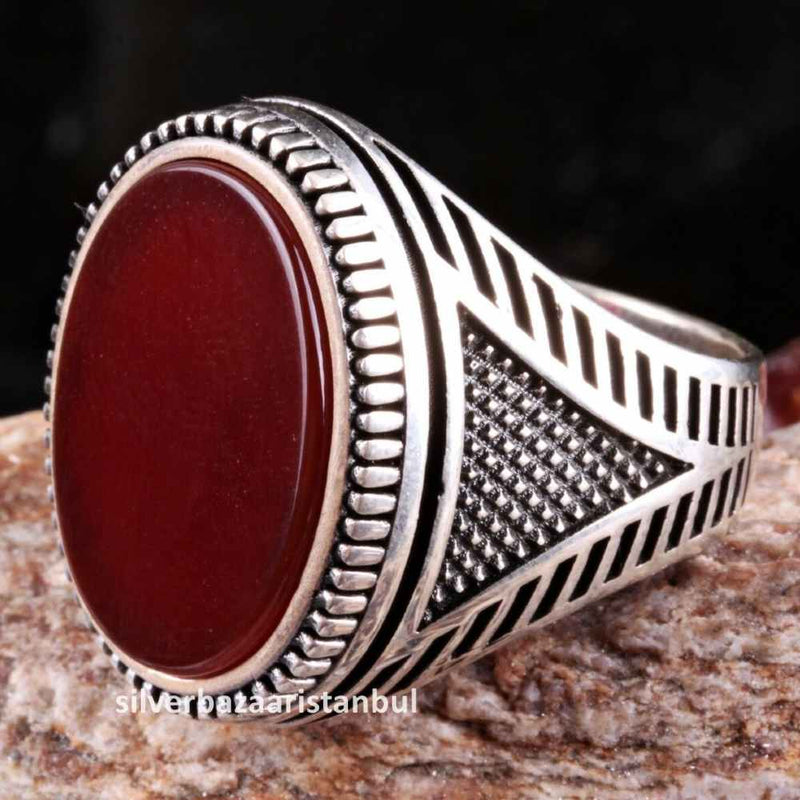 Turkish Jewelry 925 Sterling Silver Red Agate Aqeeq Mens Man Ring silverbazaaristanbul 