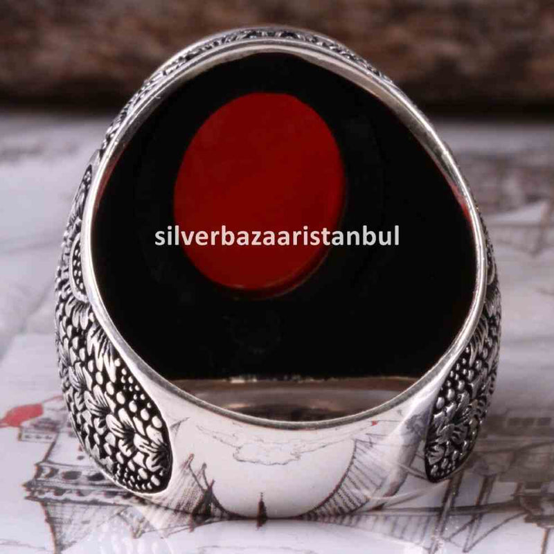 Turkish Jewelry 925 Sterling Silver Red Agate Aqeeq Mens Man Ring silverbazaaristanbul 