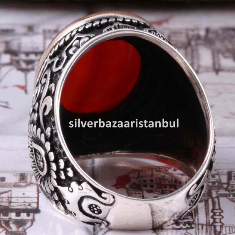 Turkish Jewelry 925 Sterling Silver Red Agate Aqeeq Mens Man Ring silverbazaaristanbul 