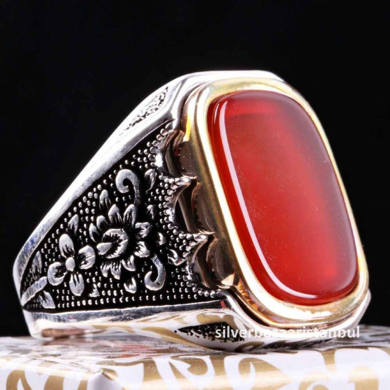 Turkish Jewelry 925 Sterling Silver Red Agate Aqeeq Mens Man Ring silverbazaaristanbul 