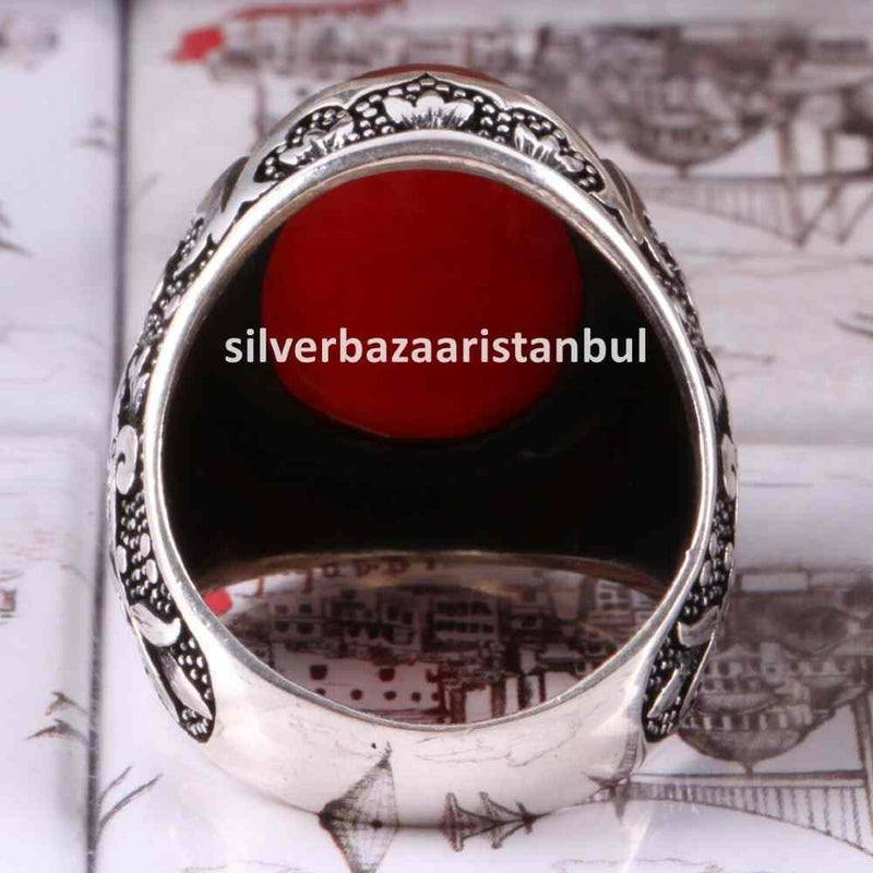 Turkish Jewelry 925 Sterling Silver Red Agate Aqeeq Mens Man Ring silverbazaaristanbul 