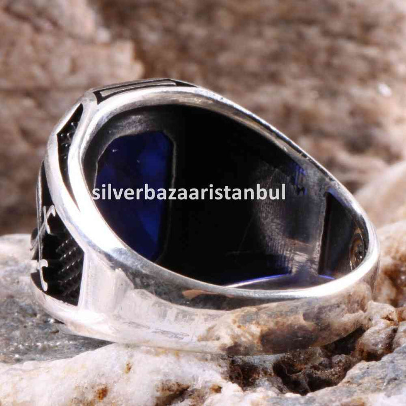 Turkish Jewelry 925 Sterling Silver SWORD Blue Sapphire Stone Mens Ring silverbazaaristanbul 