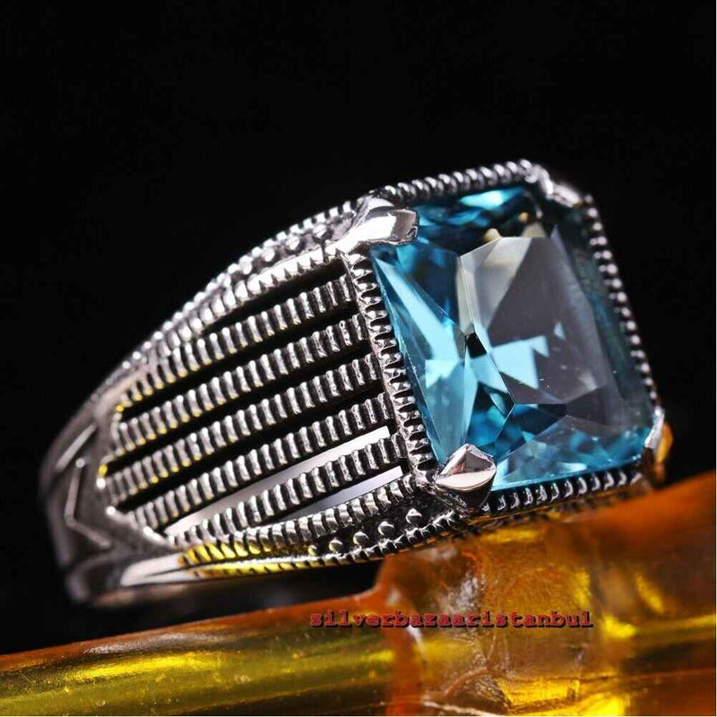 Turkish Jewelry Strong Blue Aquamarine Stone 925 Sterling Silver Mens Ring silverbazaaristanbul 