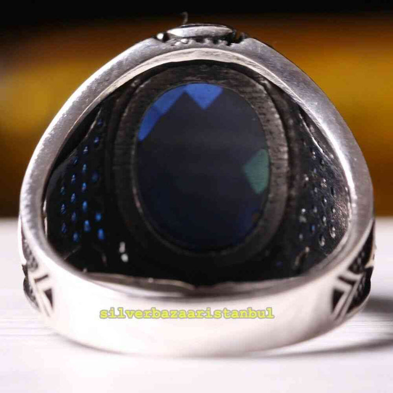 Turkish Luxury Jewelry 925 Sterling Silver Sapphire Mens Ring silverbazaaristanbul 